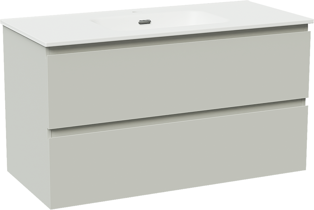 Linie Lado hängendes Möbelstück Set: 100 x 46 cm, Greige, mit Baro Einzelwaschtisch, Porzellan Weiß matt