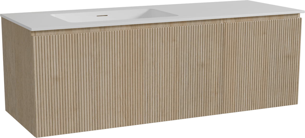 Storke Ribs hängendes Möbelstück Set: 140 x 52 cm, Rohe Eiche, mit Mata Waschtisch links, Solid Surface, Weiß matt, Vertikale symmetrische gerade Rippe