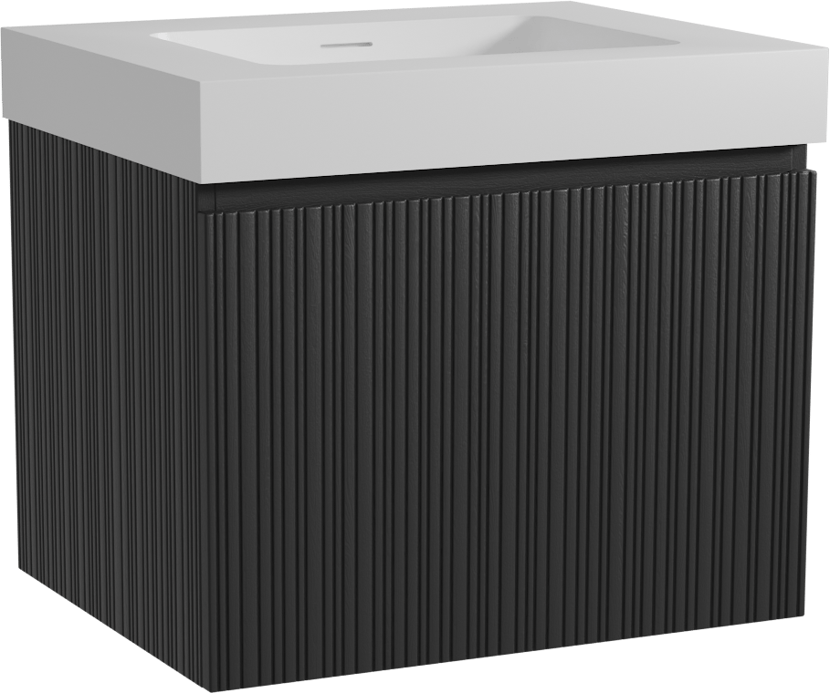 Storke Ribs zwevend badmeubel 65 x 52 cm zwart eiken met Mata High enkele wastafel in solid surface mat wit, Verticale asymmetrische rechte ribbel