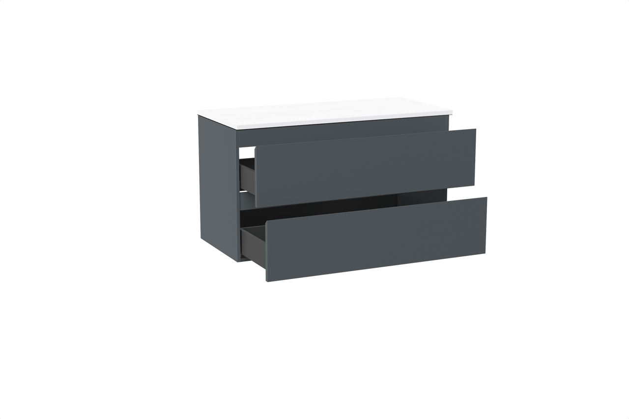 Linie Lado meuble salle de bains suspendu 100 x 46 cm bleu anthracite avec Lado tablette simple ou double en marbre composite blanc mat