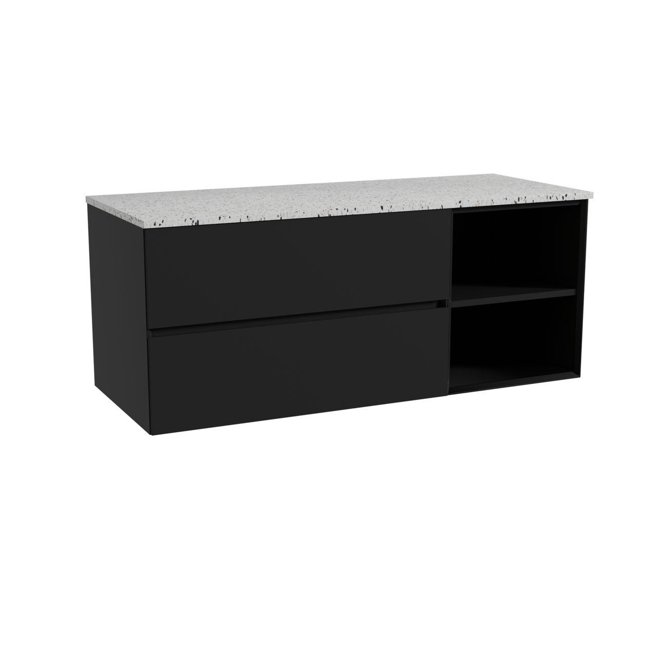 Storke Edge zwevend badmeubel 130 x 52 cm mat zwart met Tavola enkel of dubbel wastafelblad in mat wit/zwart terrazzo