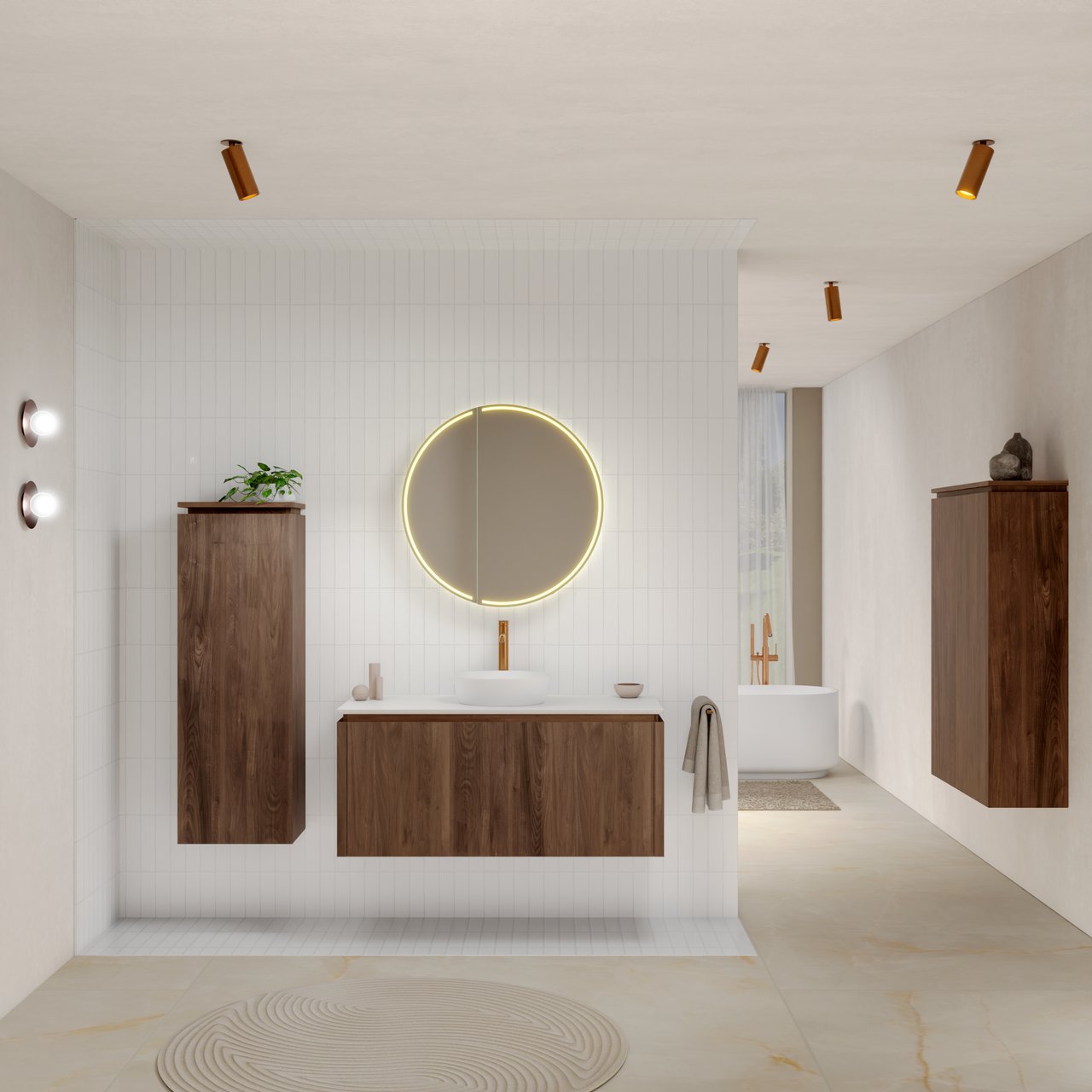 Balmani Eclips meuble salle de bains suspendu 120 x 55 cm Noyer américain avec Eclips tablette simple ou double vasque en Solid Surface blanc mat