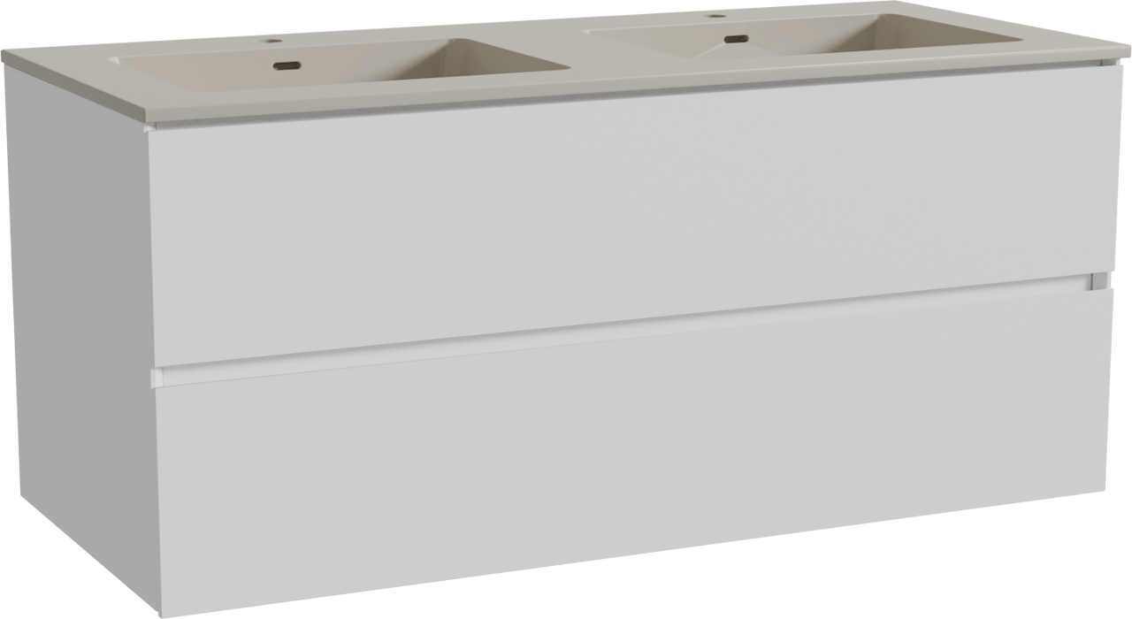 Storke Edge meuble salle de bains suspendu 120 x 52 cm blanc mat avec Diva double vasque en top solid soie grise