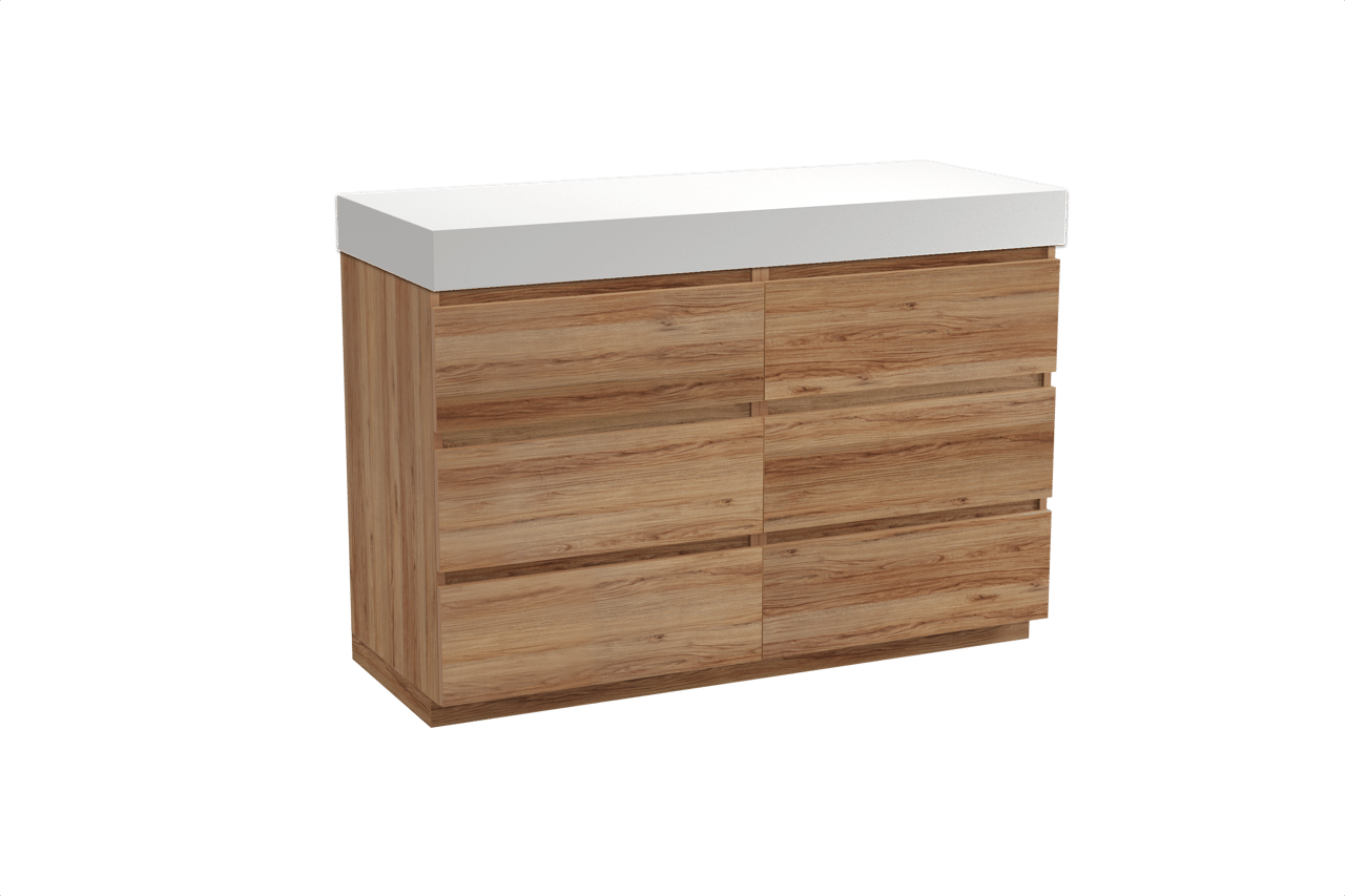 Balmani Lucida freistehendes Möbelstück Set: 135 x 55 cm, Teak, mit Dominus Einzel- oder Doppel Waschtischplatte, Solid Surface Weiß matt