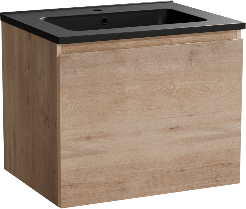 Linie Lado meuble salle de bains suspendu 60 x 46 cm chêne naturel avec Vano plan simple en marbre composite noir mat