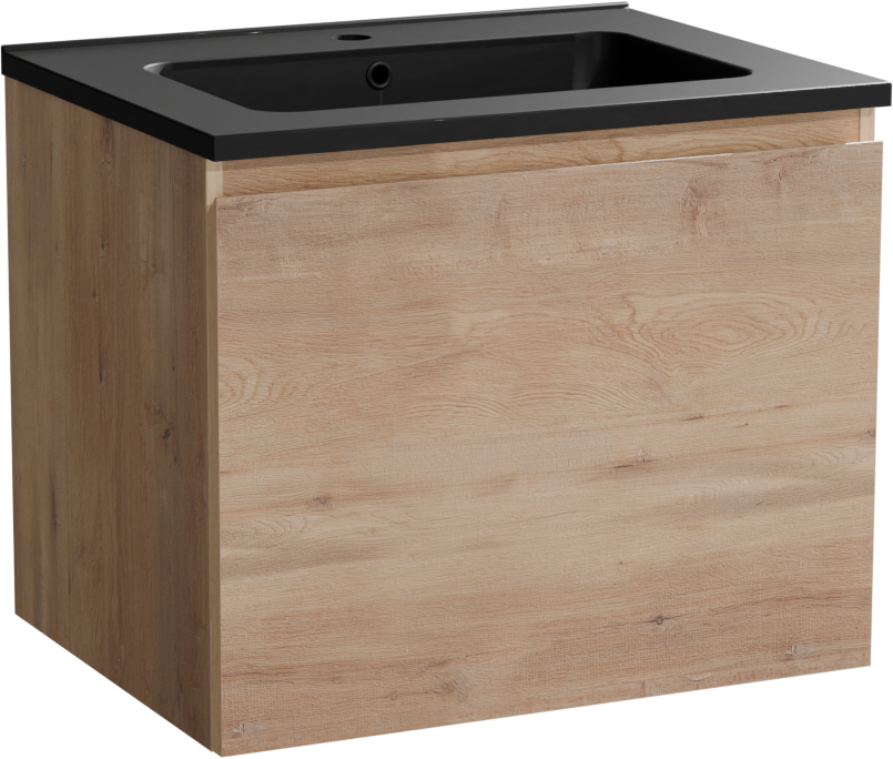 Linie Lado hängendes Möbelstück Set: 60 x 46 cm, Naturbelassene Eiche, mit Vano Einzelwaschtisch, Marmorkomposit Schwarz matt