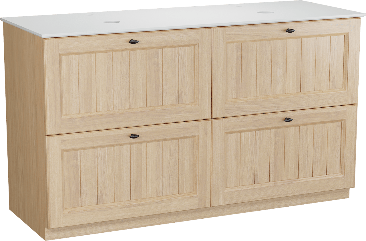 Balmani Lemon staand badmeubel 150 x 55 cm, fineer naturel eiken met Facetta dubbel wastafelblad in mat wit