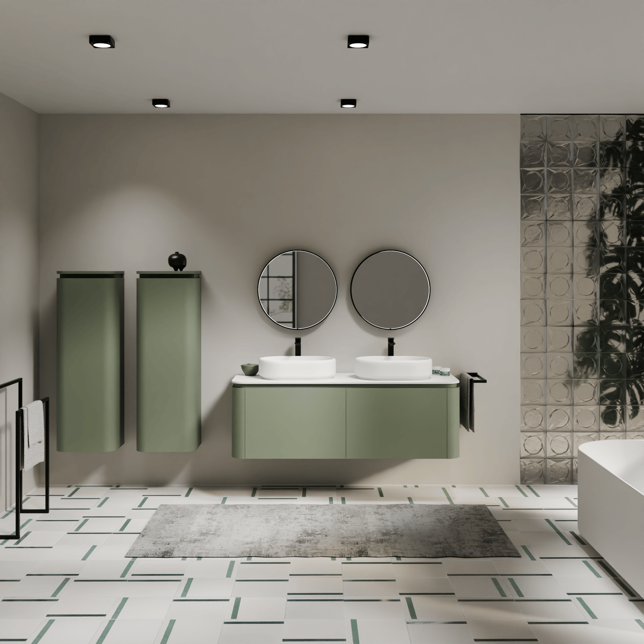 Balmani Moon zwevend badkamermeubel 160 x 55 cm saliegroen met Moon enkel of dubbel tablet in solid surface mat wit