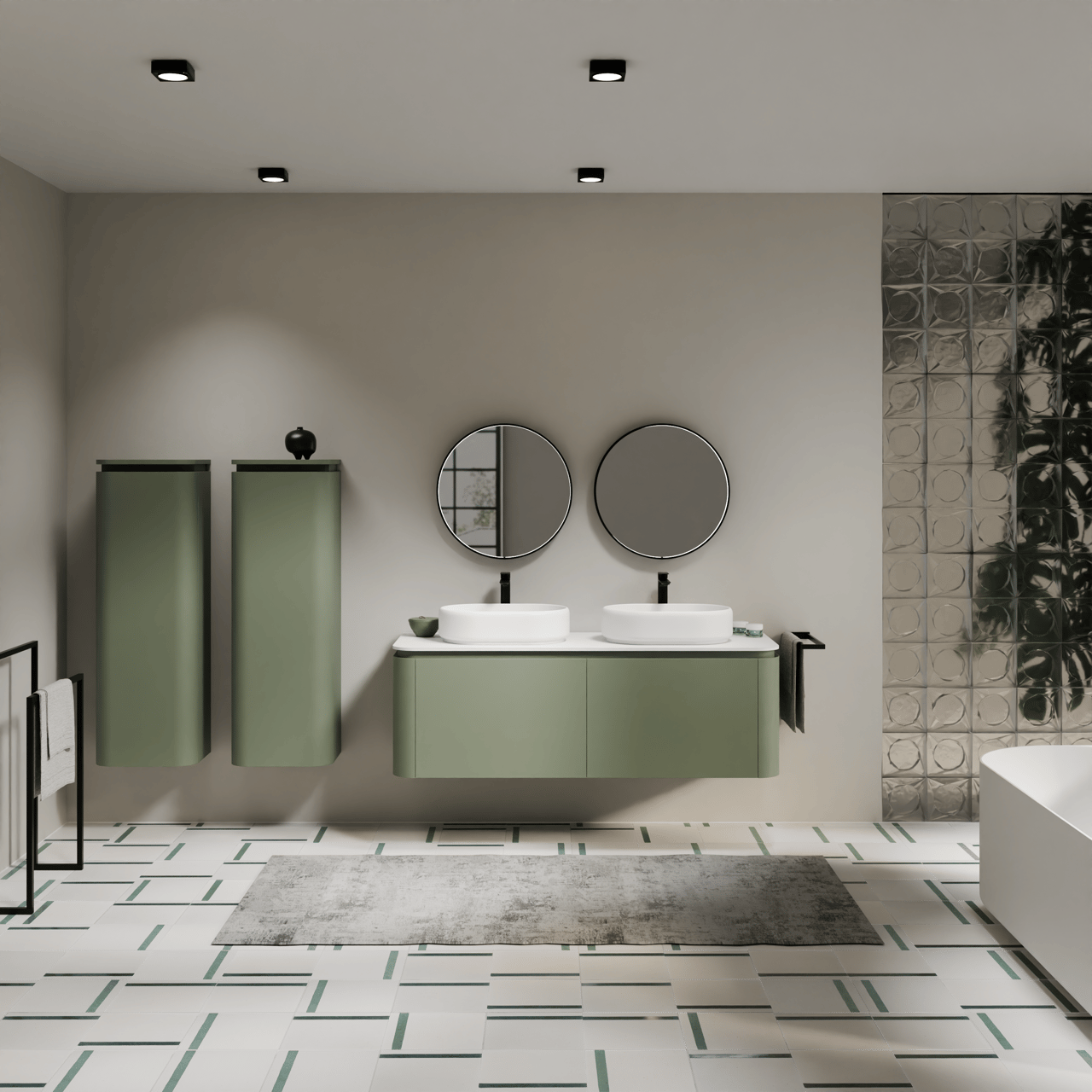 Balmani Moon meuble salle de bains suspendu 160 x 55 cm vert sauge avec Moon tablette simple ou double en solid surface blanc mat