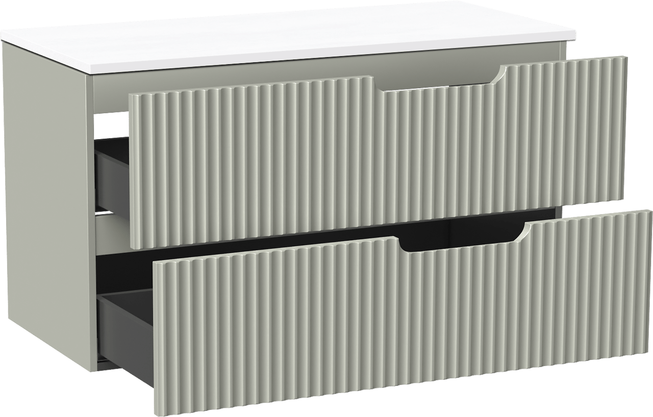 Linie Ribbo meuble salle de bains suspendu 100 x 46 cm greige avec Lado tablette simple ou double en marbre composite blanc brillant, Nervure circulaire symétrique verticale