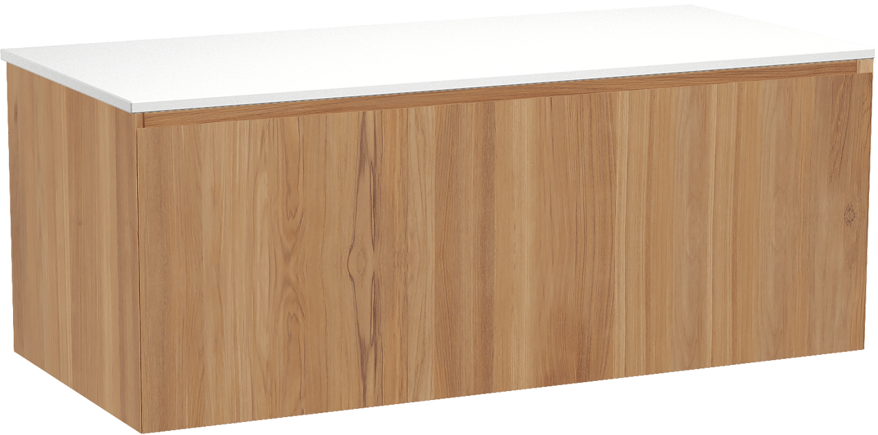 Balmani Idra hängendes Möbelstück Set: 120 x 55 cm, Teak, mit Stretto Einzel- oder Doppel Waschtischplatte, Solid Surface Weiß matt