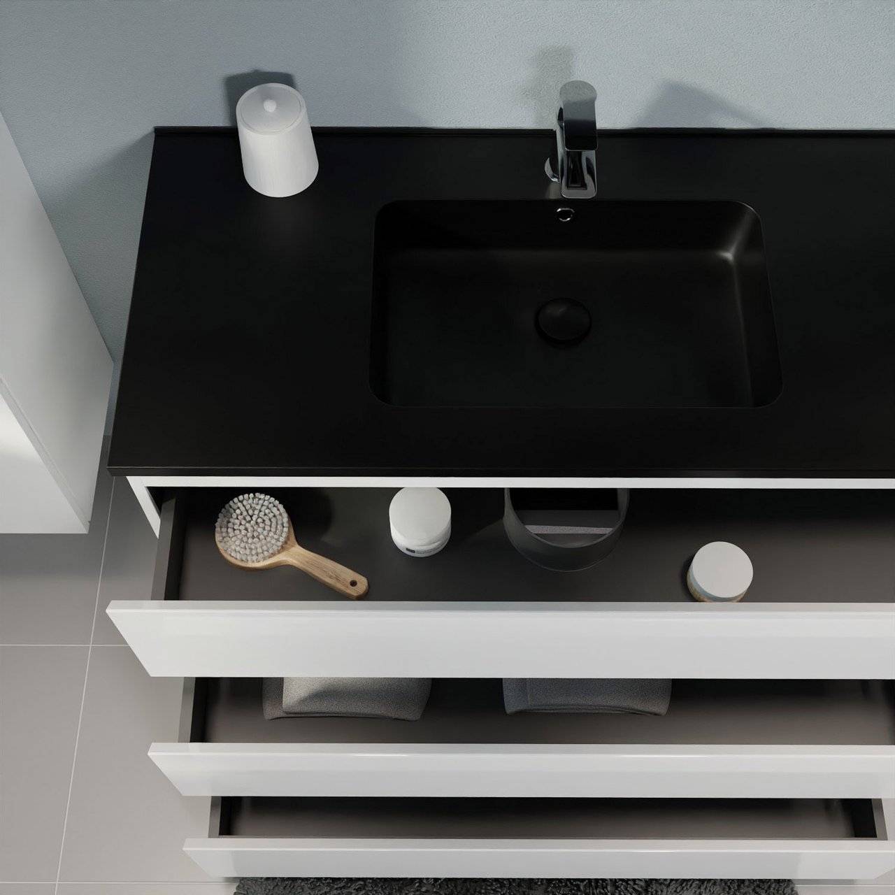 Linie Lado freistehendes Möbelstück Set: 80 x 46 cm, Weiß glänzend, mit Vano Einzelwaschtisch, Marmorkomposit Schwarz matt