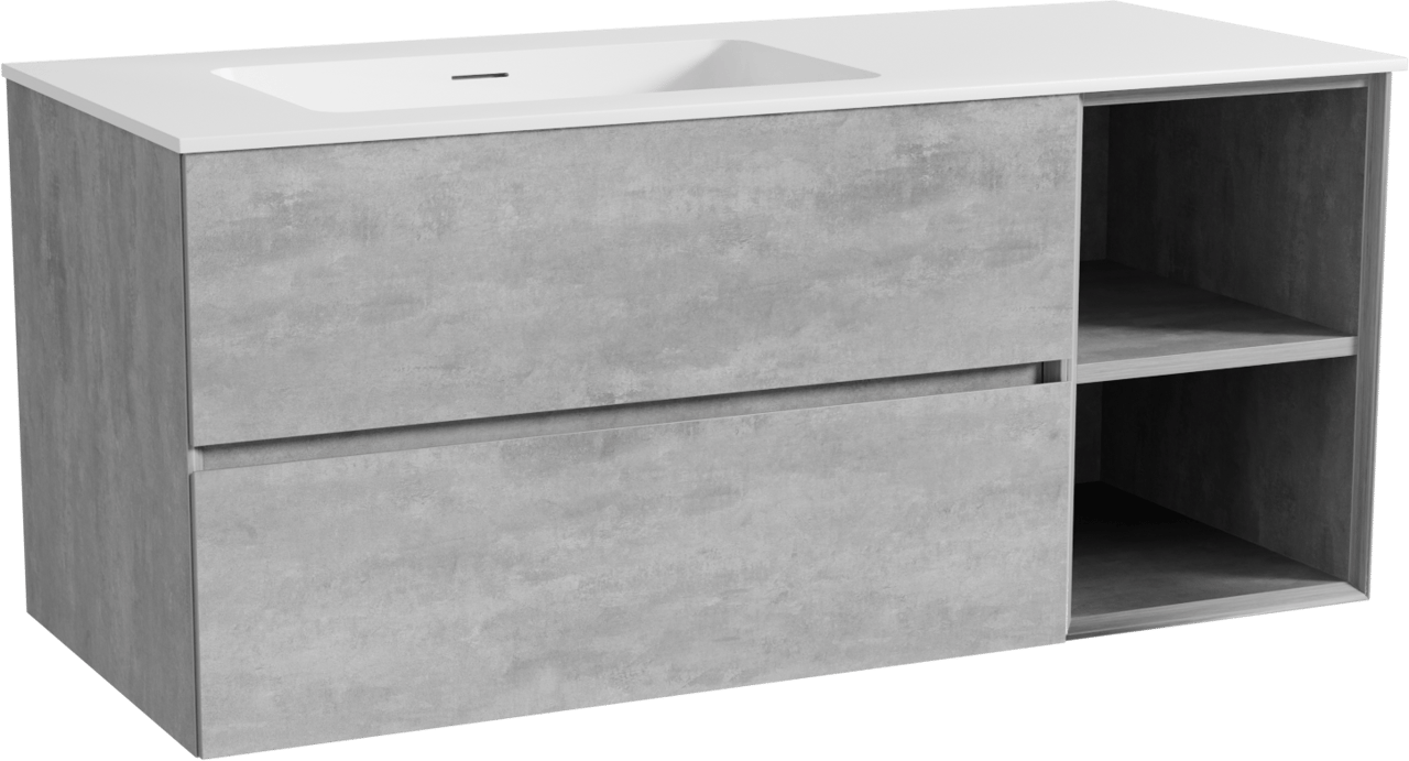 Storke Edge zwevend badmeubel 120 x 52 cm beton donkergrijs met Mata asymmetrisch linkse wastafel in solid surface mat wit