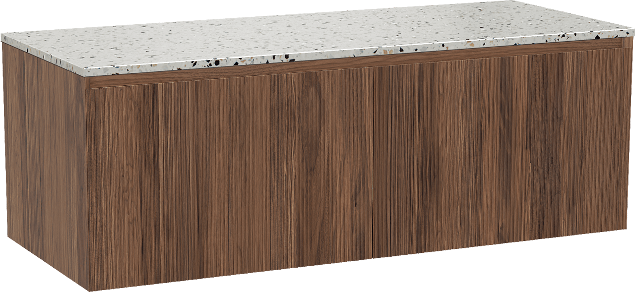 Balmani Fila meuble salle de bains suspendu 135 x 55 cm noyer avec Stretto tablette simple ou double en blanc/noir mat terrazzo, Nervure droite symétrique verticale