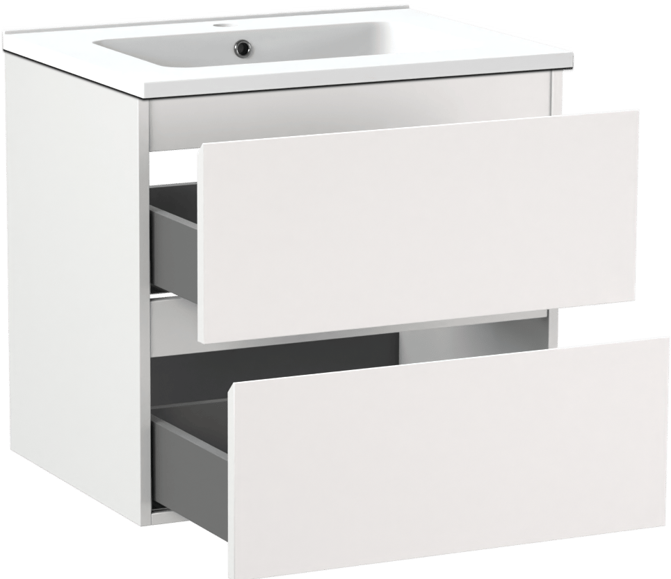 Linie Lado zwevend badkamermeubel 60 x 46 cm mat wit met Vano enkele wastafel in composietmarmer mat wit