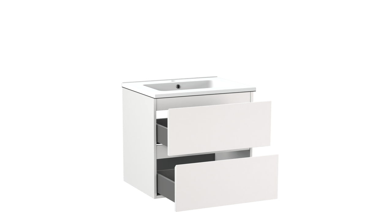 Linie Lado hängendes Möbelstück Set: 60 x 46 cm, Weiß matt, mit Vano Einzelwaschtisch, Marmorkomposit Weiß matt