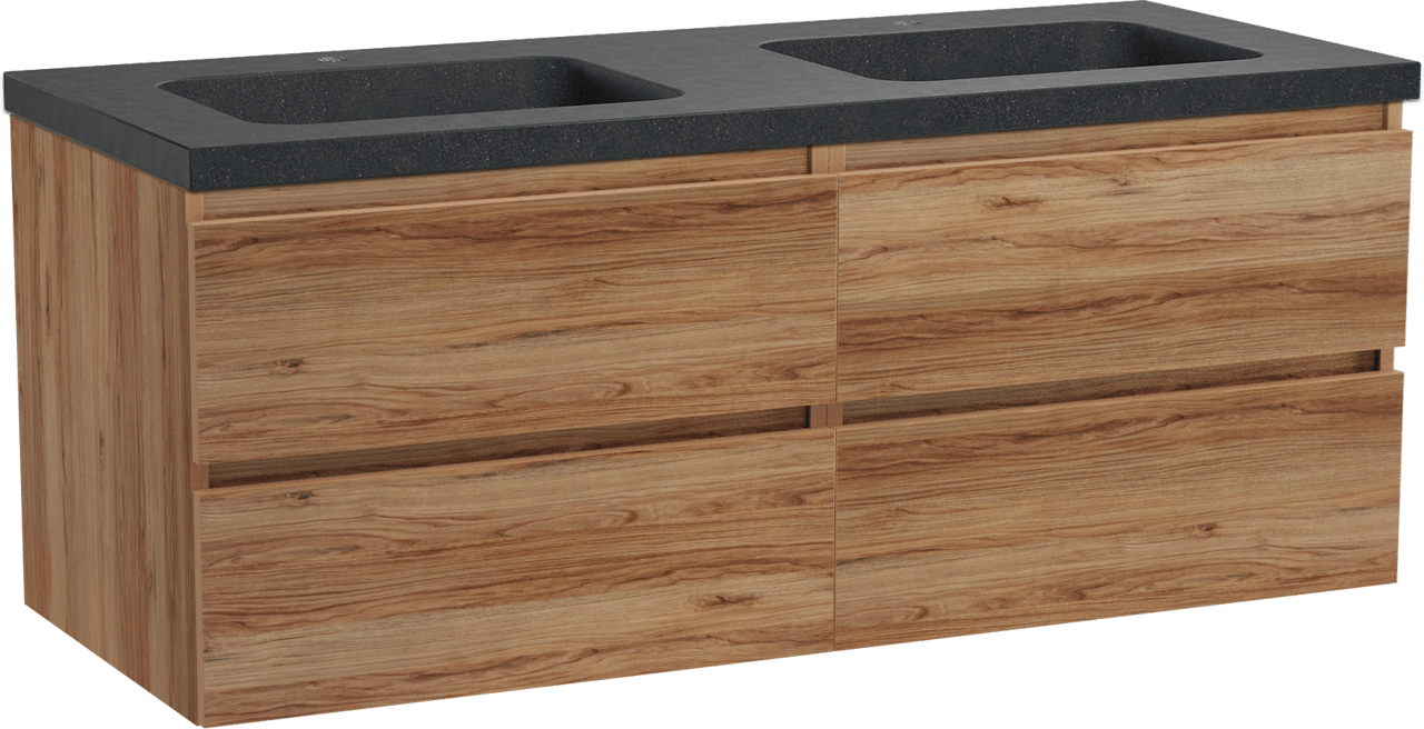 Balmani Lucida meuble salle de bains suspendu 135 x 55 cm teck avec Napoli double vasque en granit noir