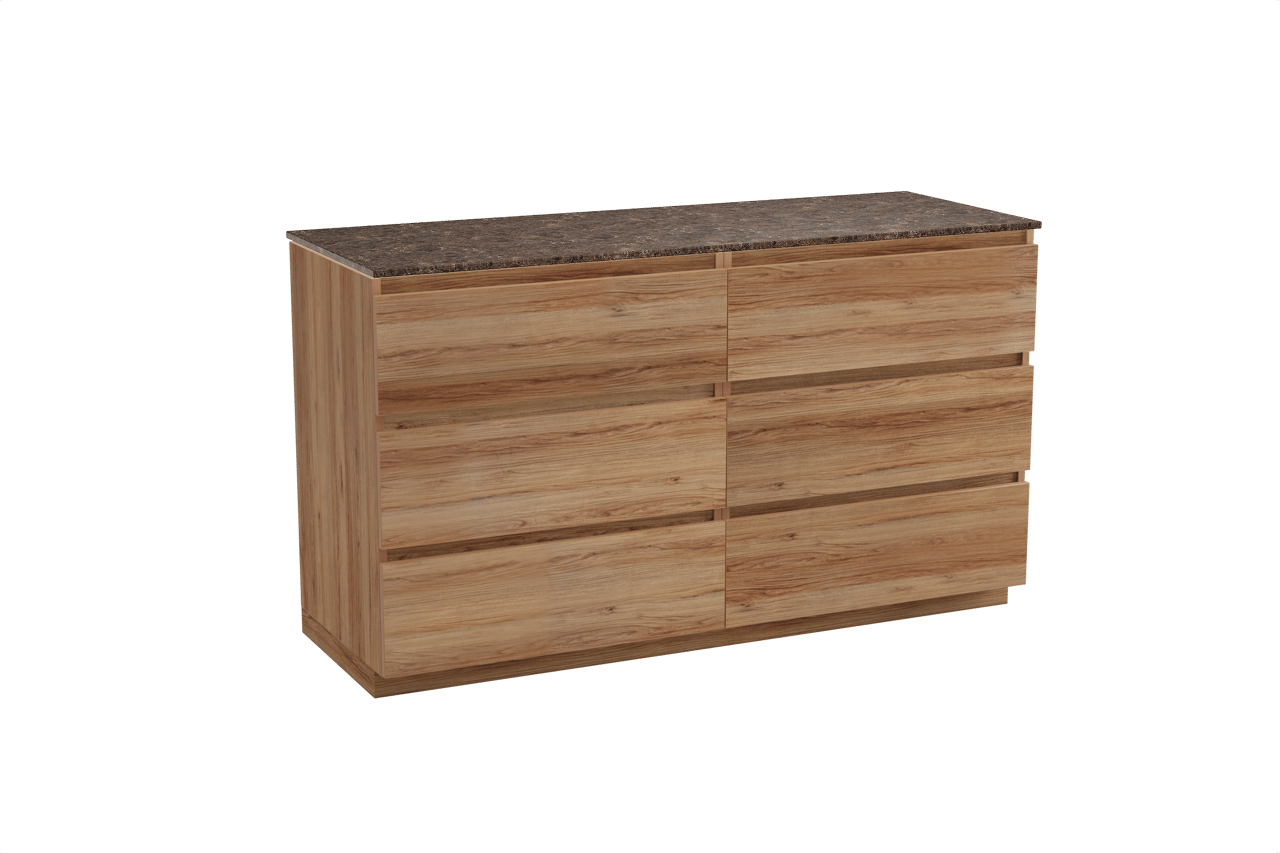 Balmani Lucida staand badkamermeubel 150 x 55 cm teak met Stretto enkel of dubbel tablet in marmer dark emperador