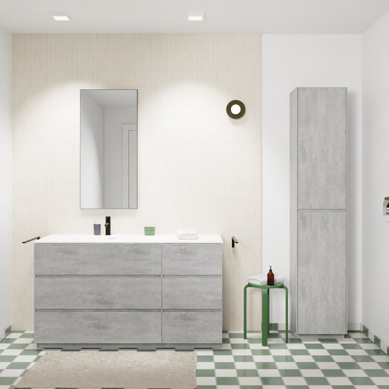 Storke Edge staand badmeubel 140 x 52 cm beton donkergrijs met Mata asymmetrisch linkse wastafel in solid surface mat wit