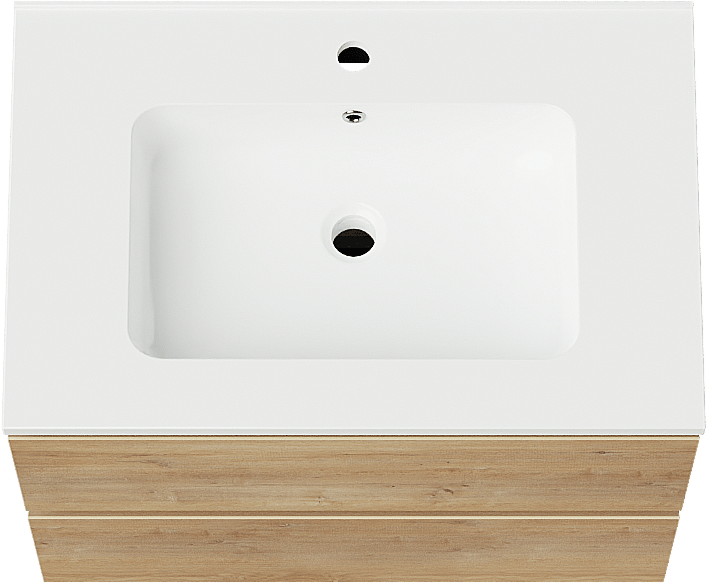 Linie Lado hängendes Möbelstück Set: 70 x 46 cm, Naturbelassene Eiche, mit Vano Einzelwaschtisch, Marmorkomposit Weiß glänzend