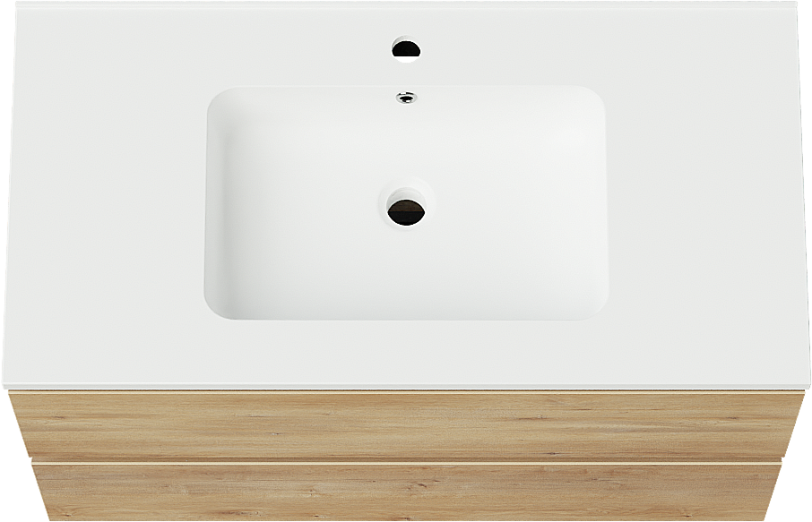 Linie Lado meuble salle de bains suspendu 90 x 46 cm chêne naturel avec Vano plan simple en marbre composite blanc mat