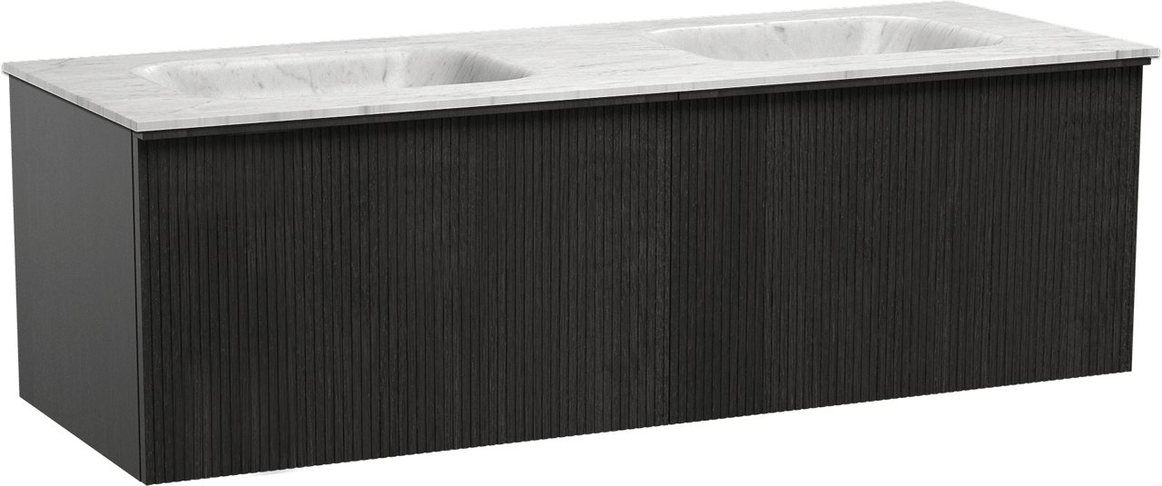 Balmani Forma hängendes Möbelstück Set: 150 x 55 cm, Schwarze Eiche, mit Tablo Arcato Doppelwaschtisch, Marmor, Carrara, Vertikale symmetrische gerade Rippe