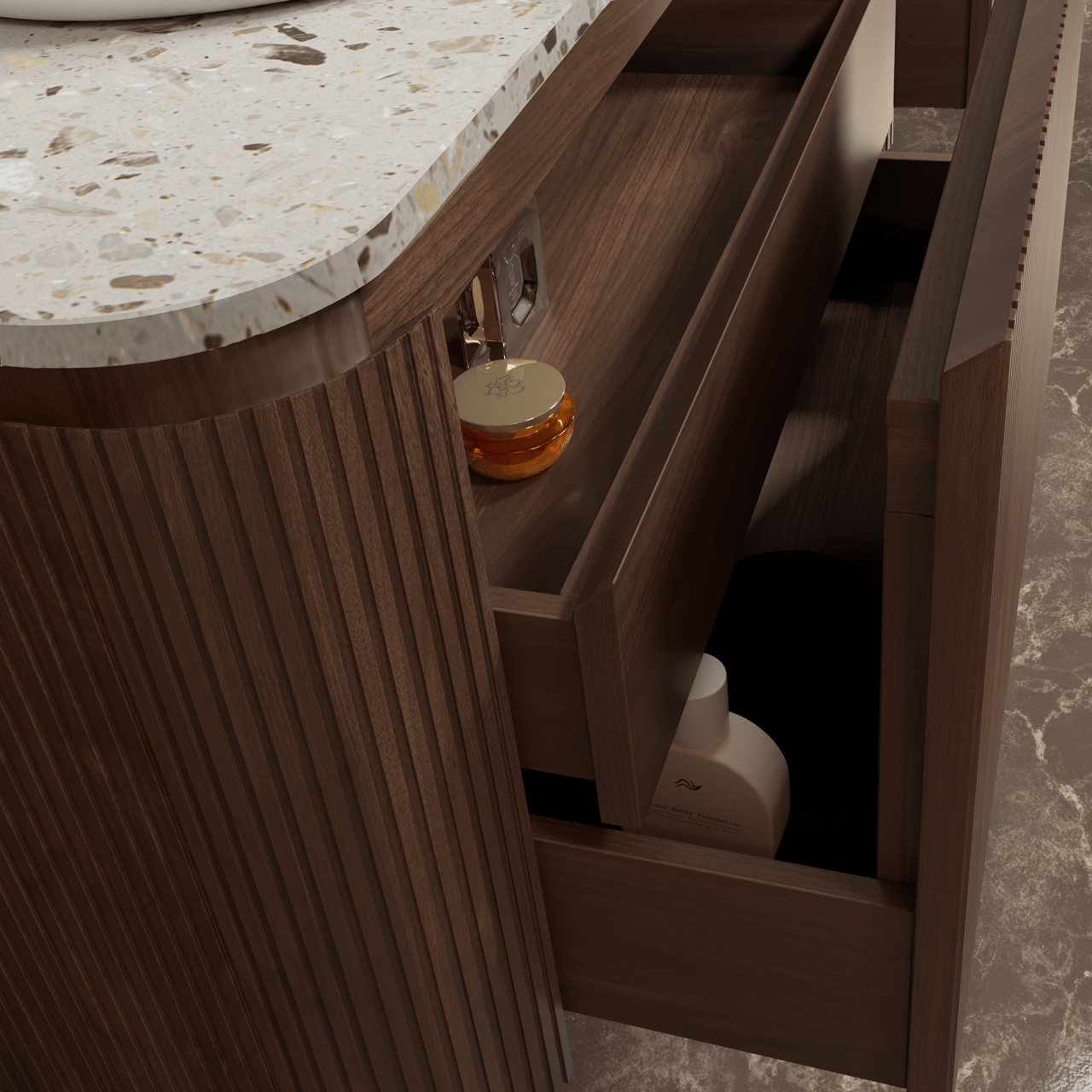 Balmani Moon meuble salle de bains suspendu 130 x 55 cm noyer américain avec Moon tablette simple ou double en terrazzo greige terrazzo, Nervure droite symétrique verticale