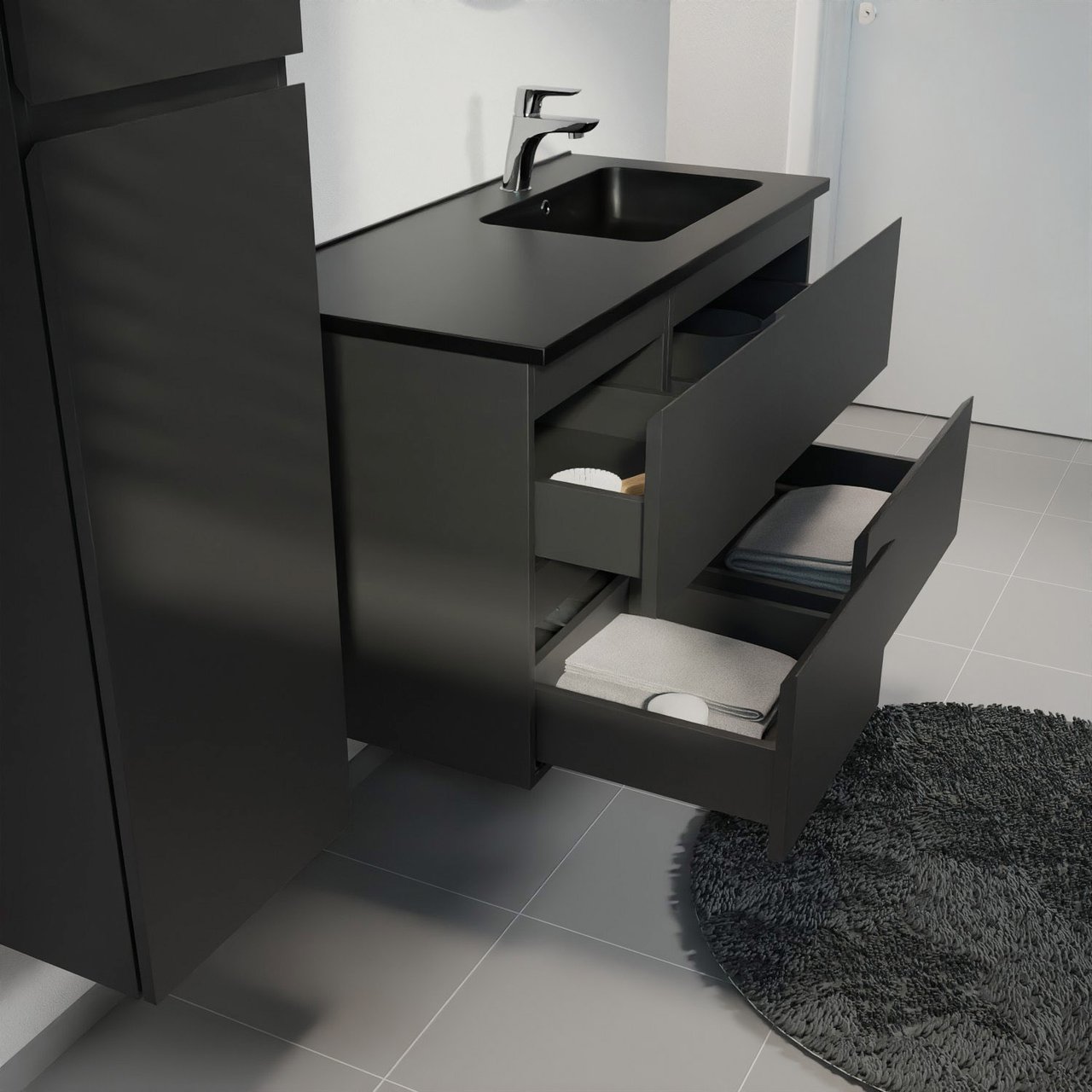Linie Lado zwevend badkamermeubel 100 x 46 cm mat zwart met Vano asymmetrisch rechtse wastafel in composietmarmer mat zwart