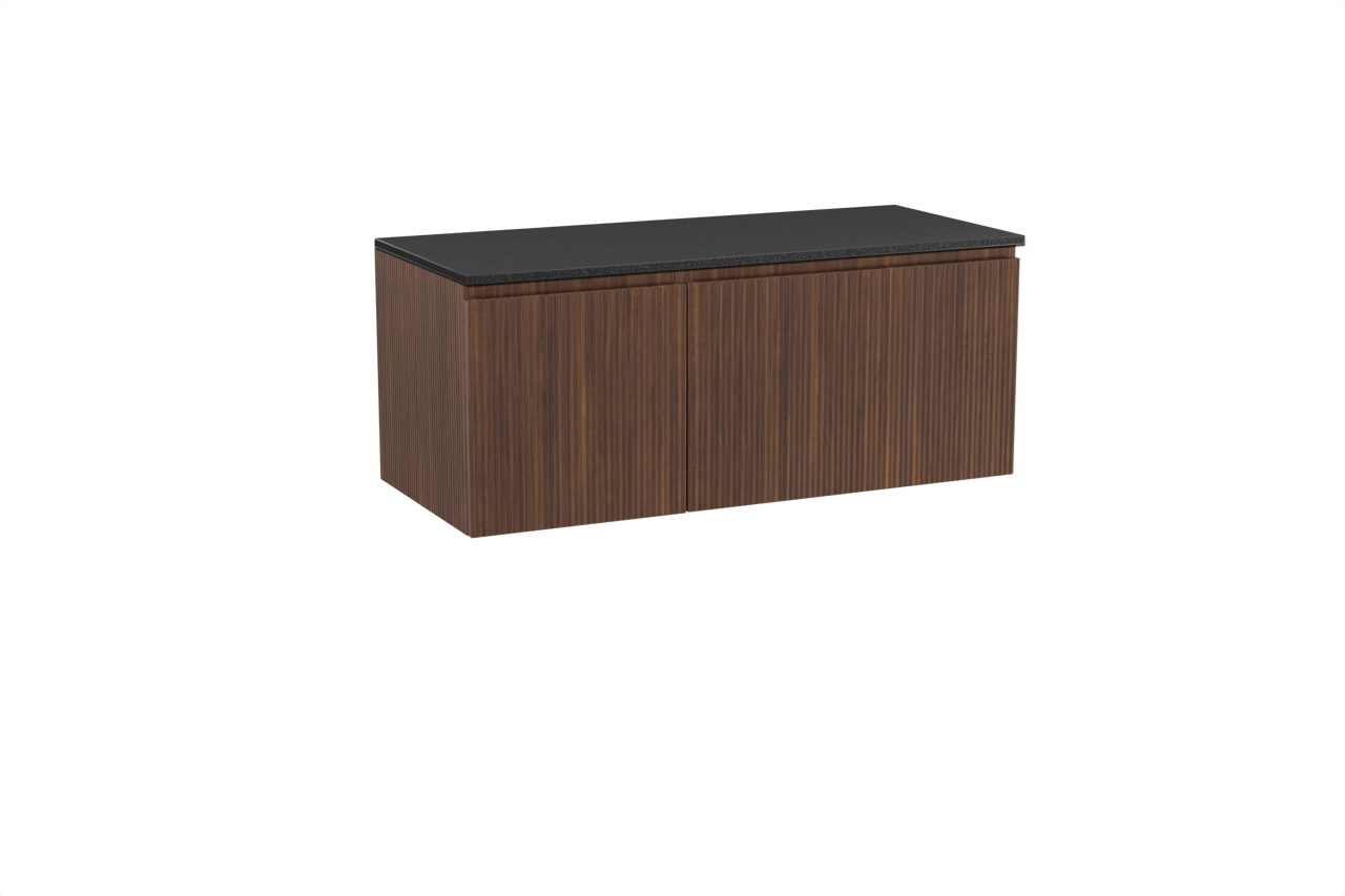 Storke Ribs zwevend badmeubel 120 x 52 cm notenhout met Panton enkel of dubbel wastafelblad in gepoedercoate mdf mat zwart, Verticale symmetrische rechte ribbel