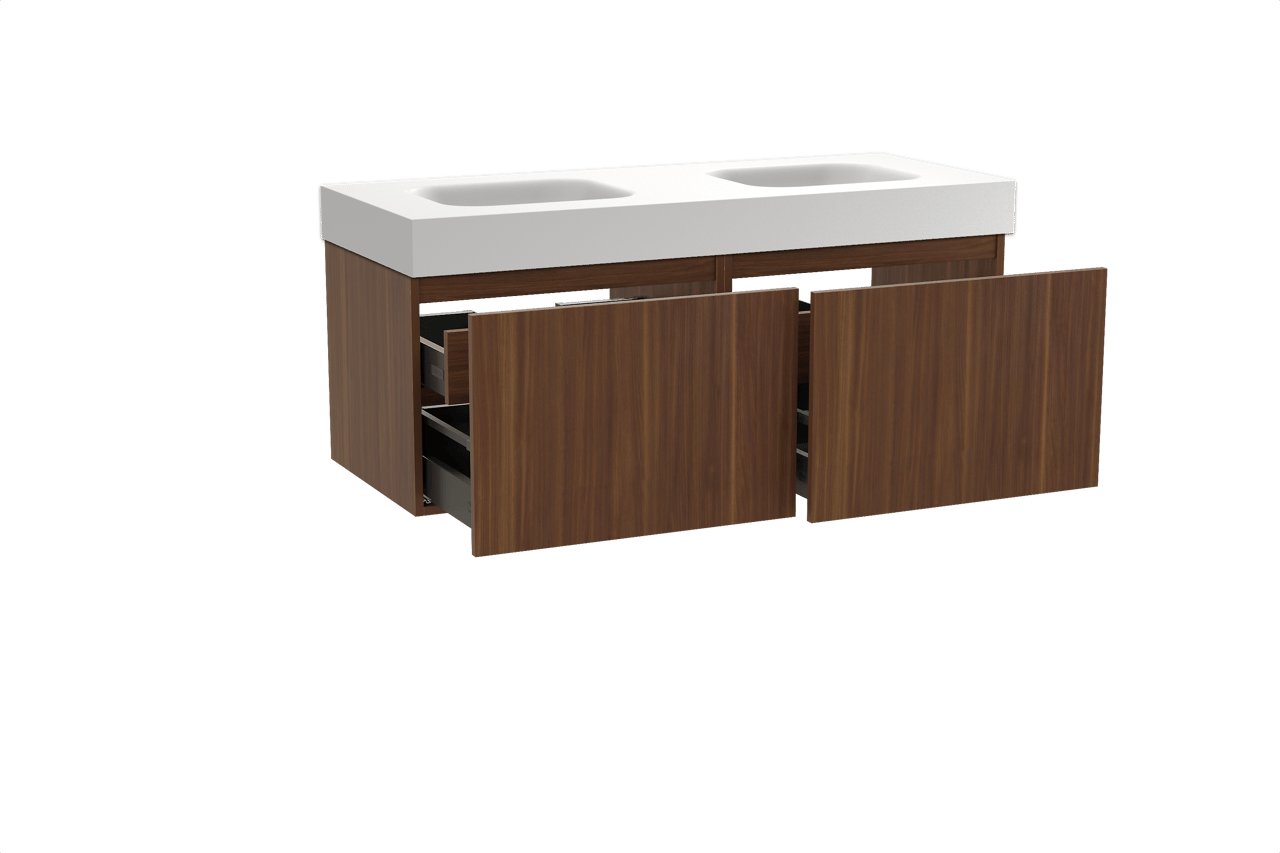 Balmani Sfera meuble salle de bains suspendu 135 x 55 cm noyer américain avec Arcato double vasque en solid surface blanc mat