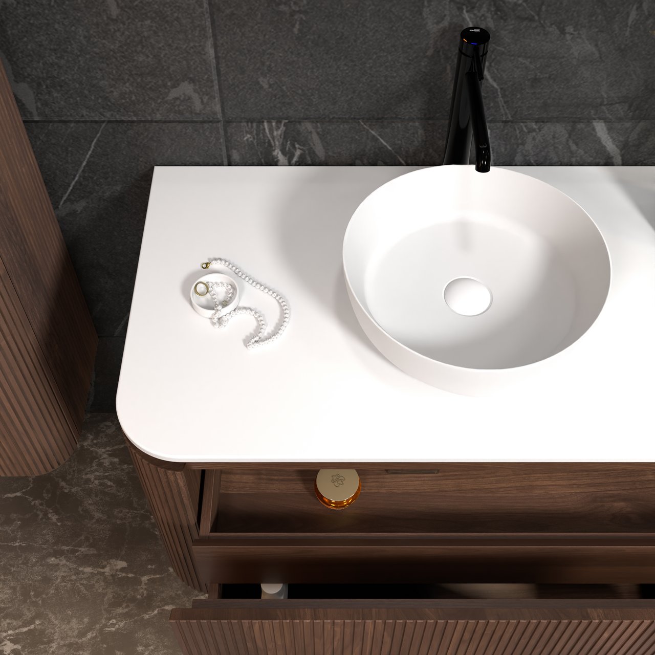 Balmani Moon hängendes Möbelstück Set: 100 x 55 cm, Amerikanischer Nussbaum, mit Moon Einzel Waschtischplatte, Solid Surface, Weiß matt, Vertikale symmetrische gerade Rippe