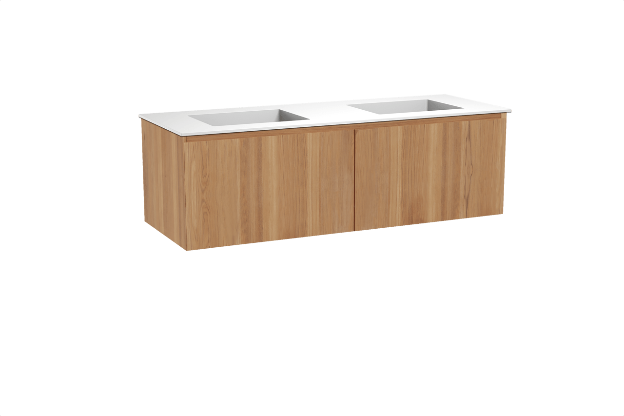 Balmani Idra hängendes Möbelstück Set: 150 x 55 cm, Teak, mit Tablo Stretto Doppelwaschtisch, Solid Surface Weiß matt