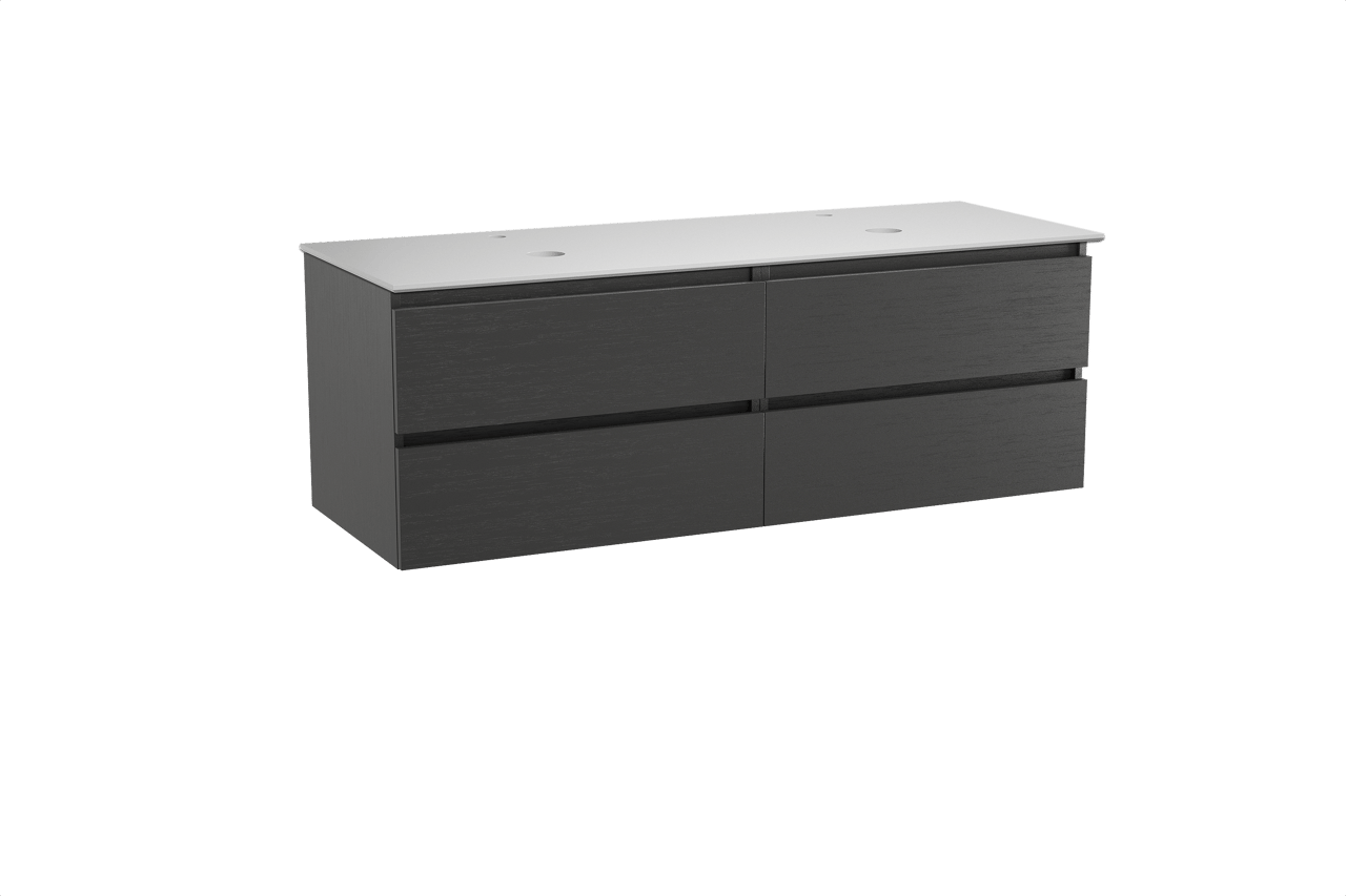 Balmani Lucida zwevend badkamermeubel 150 x 55 cm zwarte eik met Facetta dubbel tablet in solid surface mat wit