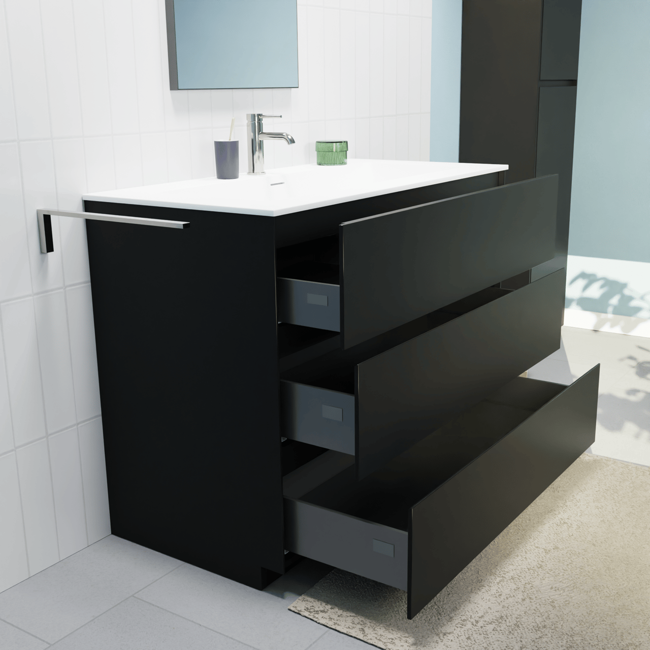 Storke Edge freistehendes Möbelstück Set: 105 x 52 cm, Schwarz matt, mit Mata Einzelwaschtisch für 2 Armaturenlöcher, Solid Surface Weiß matt