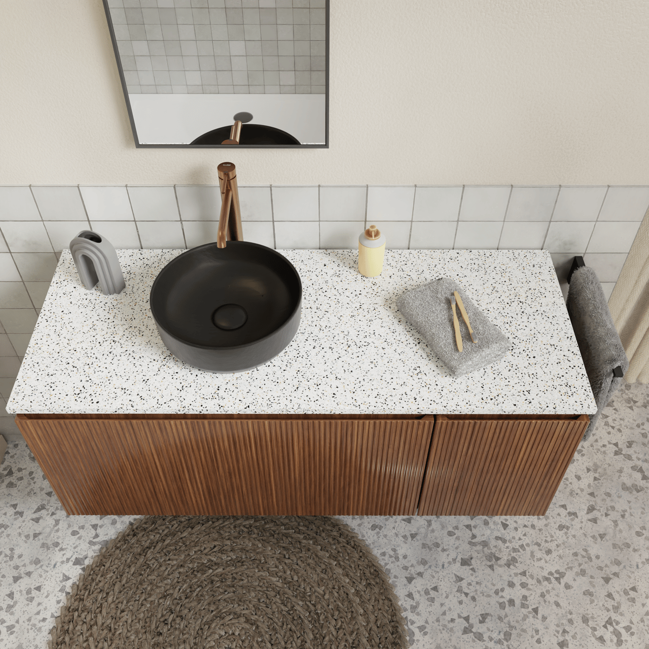 Storke Tavola Einzel- oder Doppel Waschtischplatte Weiß/Schwarz Terrazzo Matt 130 x 52 cm