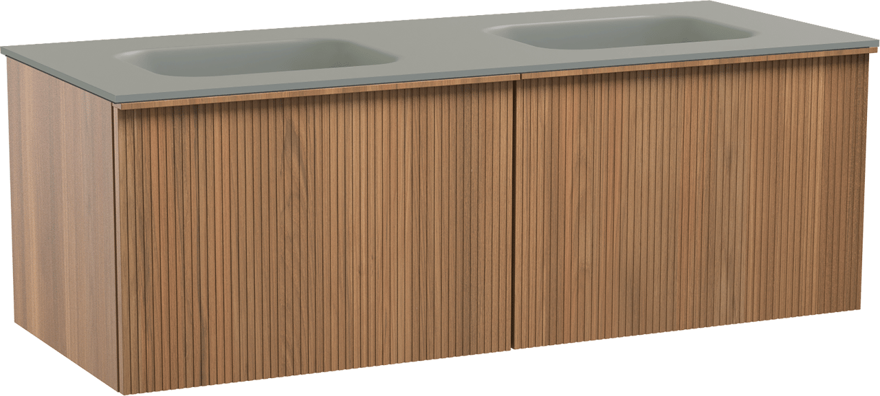 Balmani Forma zwevend badkamermeubel 135 x 55 cm teak met Tablo Arcato dubbele wastafel in solid surface steengrijs, Verticale symmetrische rechte ribbel