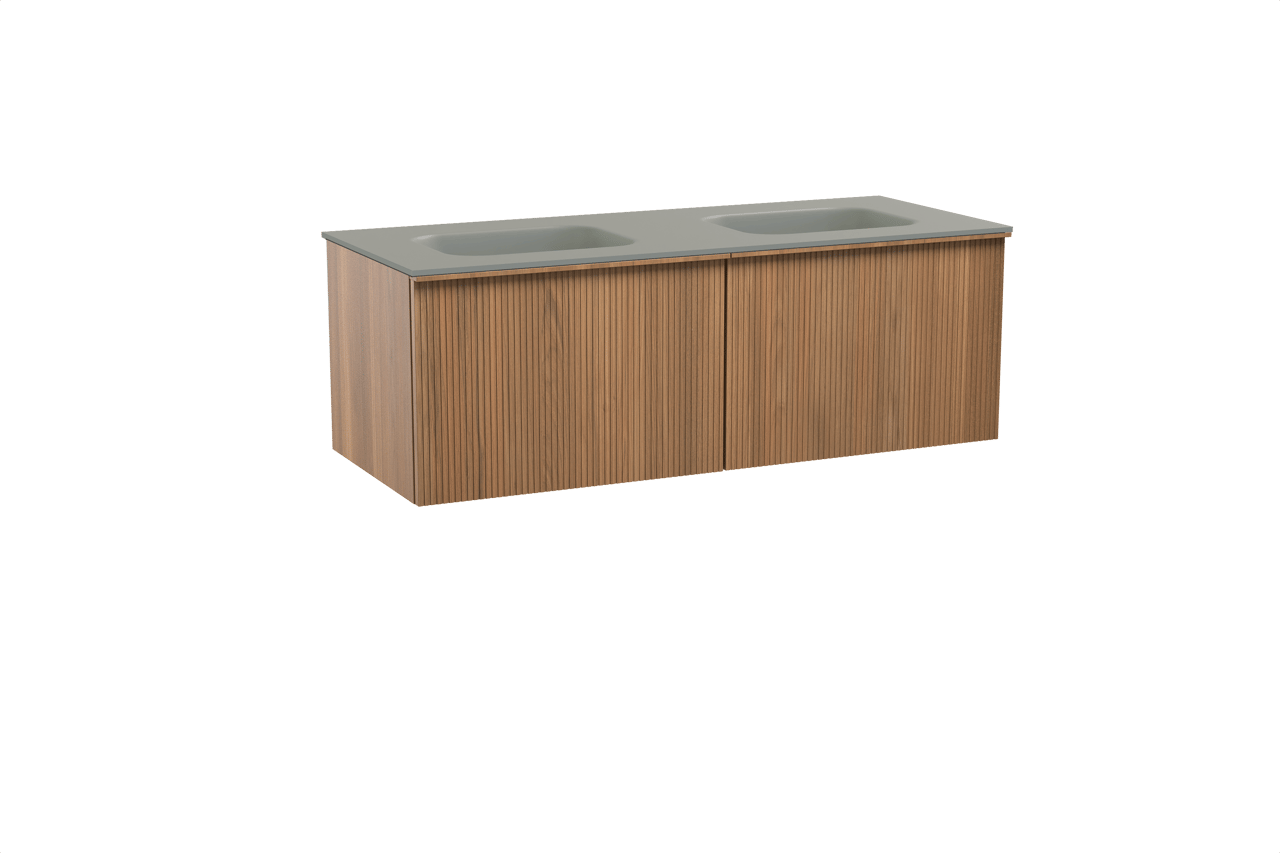 Balmani Forma meuble salle de bains suspendu 135 x 55 cm teck avec Tablo Arcato double vasque en solid surface gris pierre, Nervure droite symétrique verticale