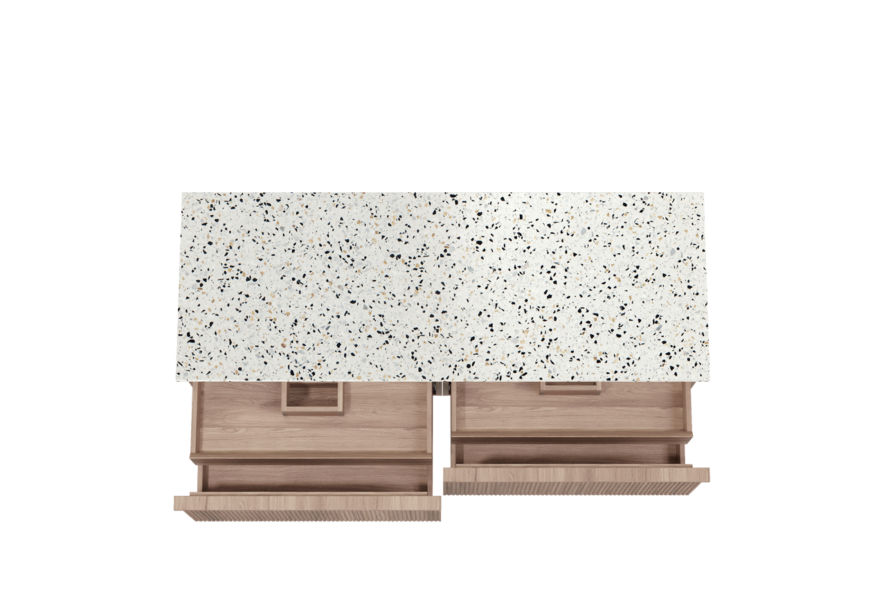 Balmani Forma zwevend badmeubel 150 x 55 cm teakhout met Stretto enkel of dubbel wastafelblad in mat wit/zwart terrazzo, Verticale symmetrische rechte ribbel
