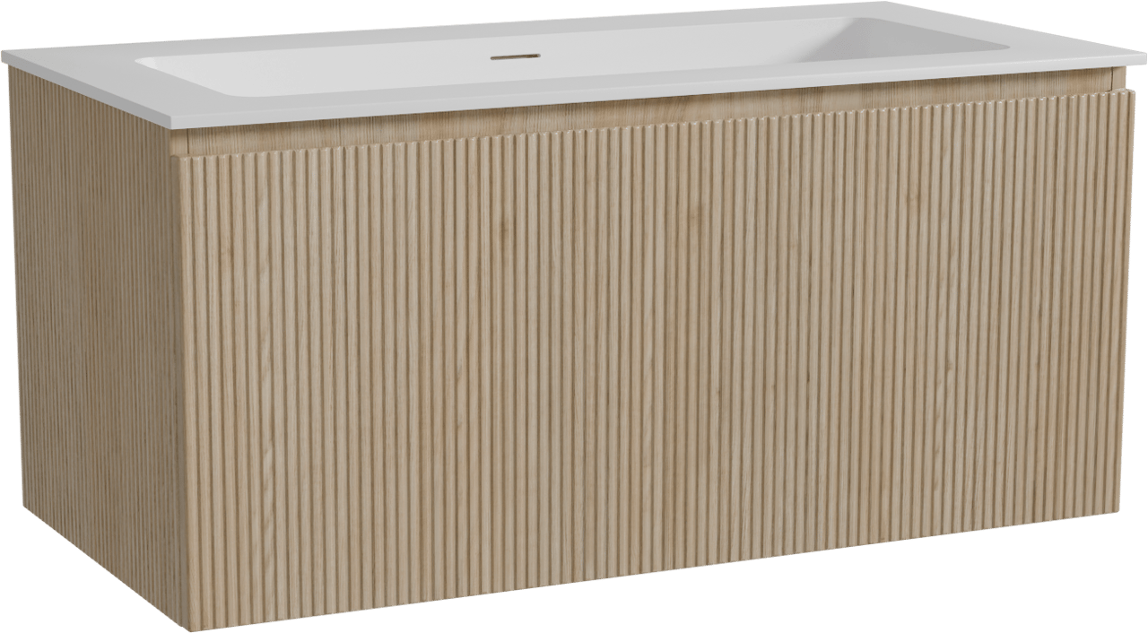 Storke Ribs zwevend badmeubel 105 x 52 cm ruw eiken met Mata enkele wastafel voor 2 kraangaten in solid surface mat wit, Verticale symmetrische rechte ribbel