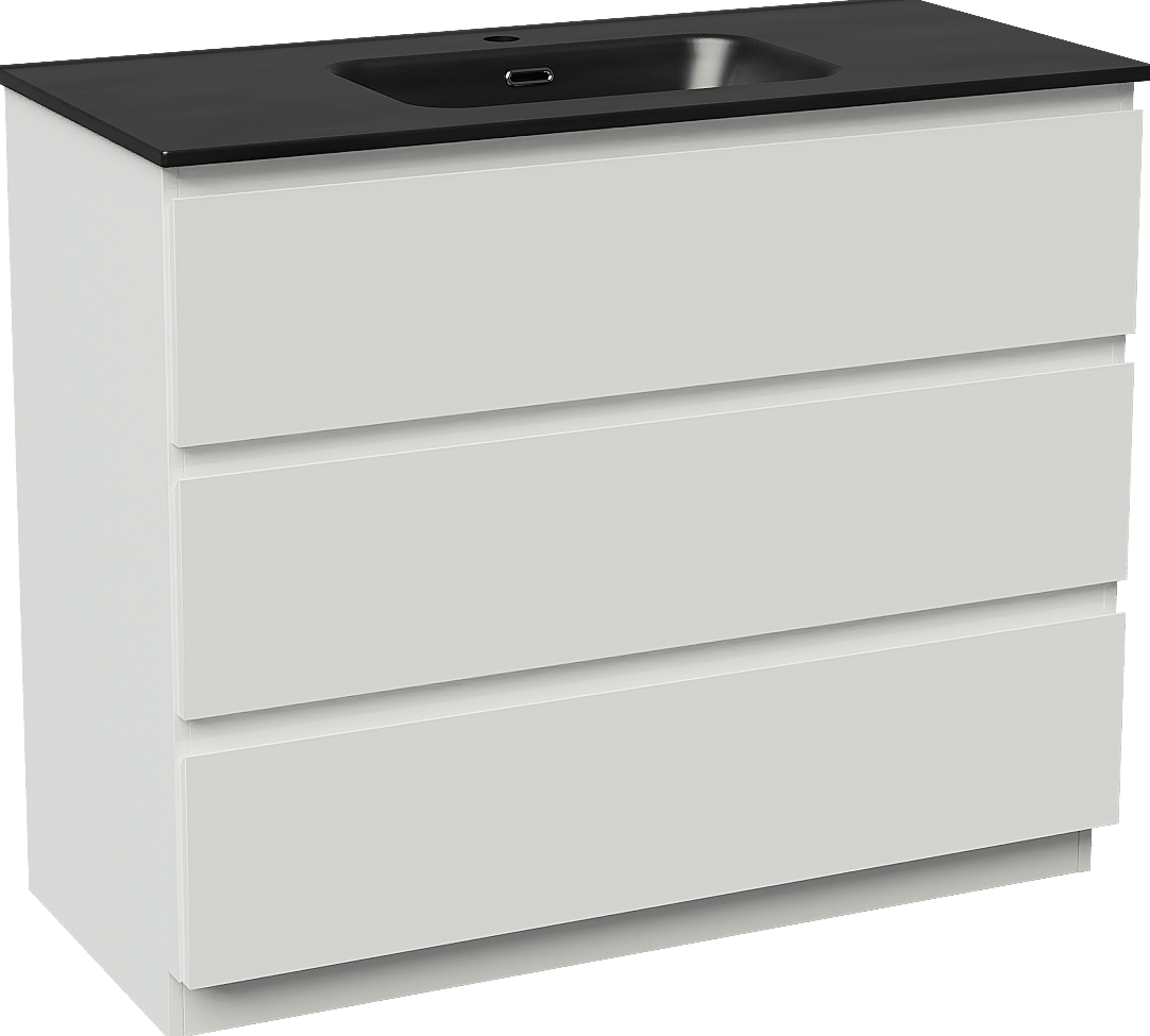 Linie Lado freistehendes Möbelstück Set: 100 x 46 cm, Weiß glänzend, mit Baro Einzelwaschtisch, Porzellan Schwarz matt