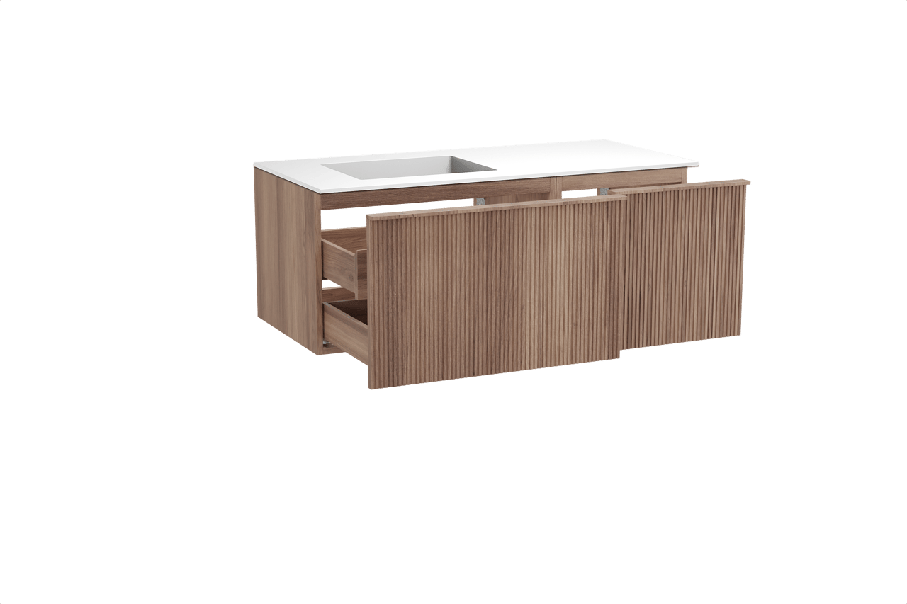 Balmani Forma hängendes Möbelstück Set: 120 x 55 cm, Teak, mit Tablo Stretto Waschtisch links, Solid Surface, Weiß matt, Vertikale symmetrische gerade Rippe