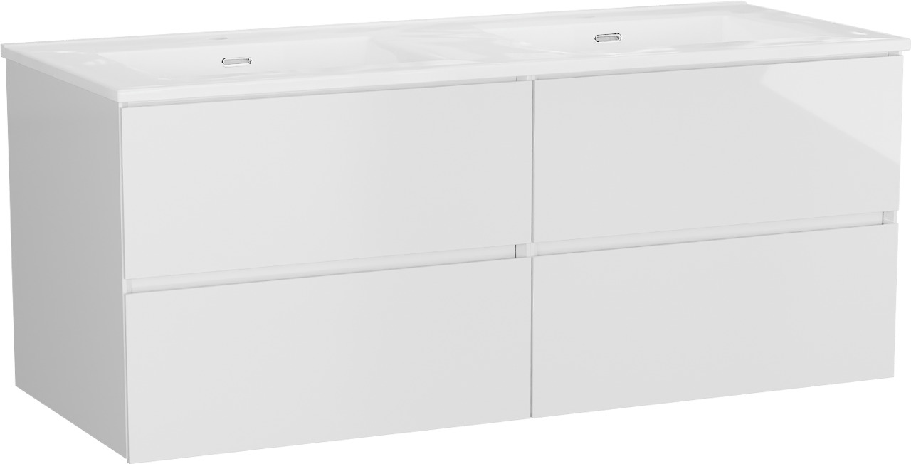 Storke Edge meuble salle de bains suspendu 130 x 52 cm blanc brillant avec Kera double vasque en porcelaine blanc brillant, bondes incluses