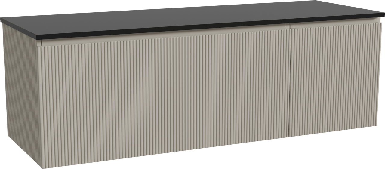 Storke Ribs zwevend badmeubel 150 x 52 cm zijdegrijs met Panton enkel of dubbel wastafelblad in gepoedercoate mdf mat zwart, Verticale symmetrische rechte ribbel
