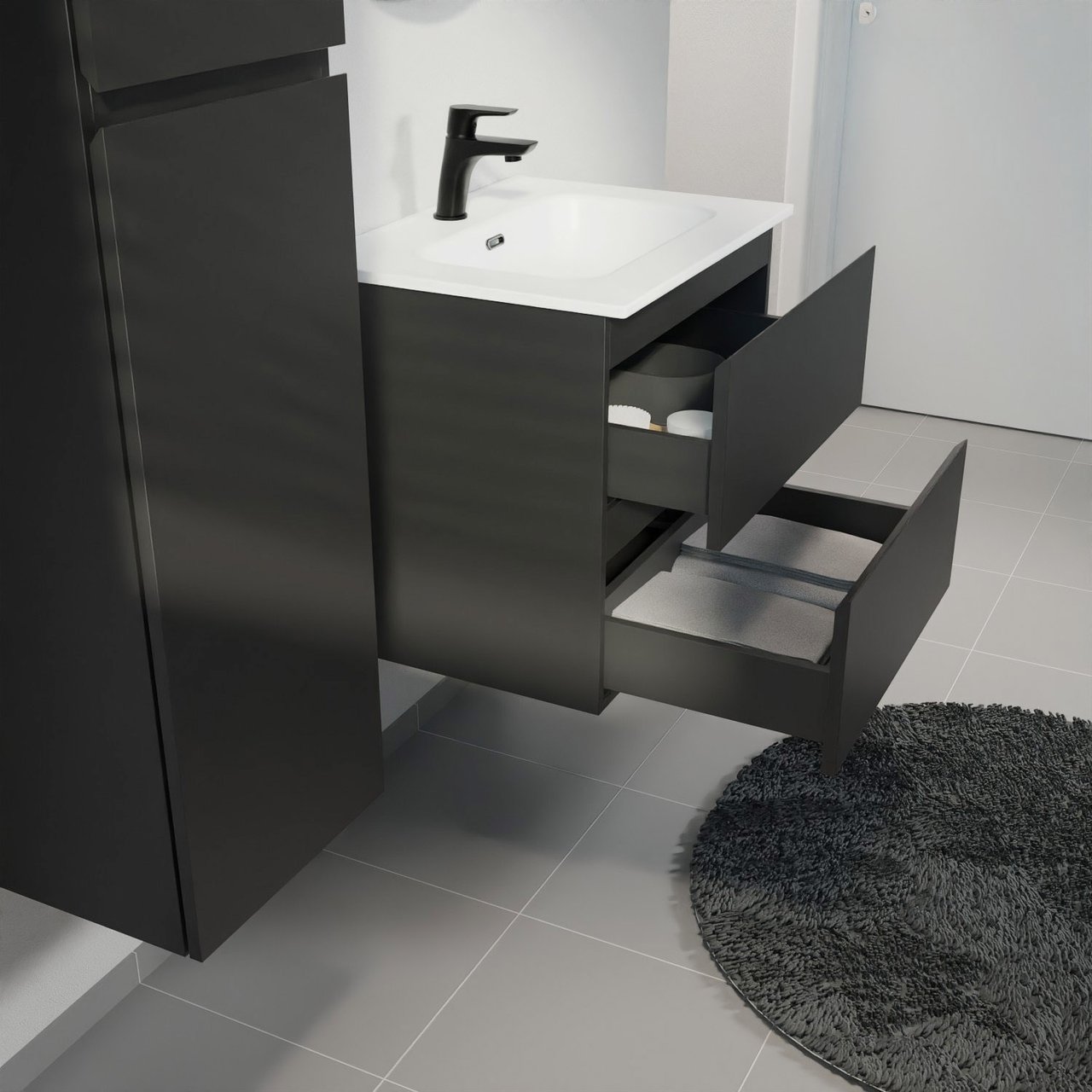 Linie Lado meuble salle de bains suspendu 60 x 46 cm noir mat avec Baro plan simple en porcelaine blanc mat