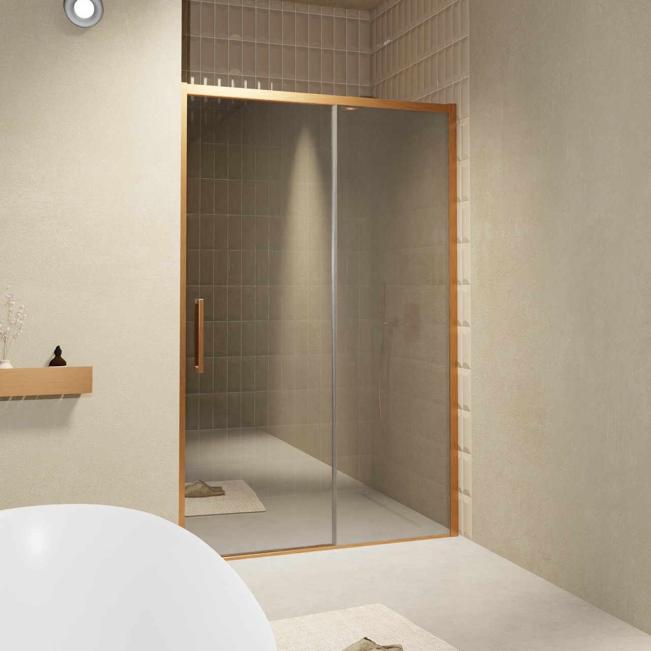 Balmani Senses Design porte coulissante à droite 140 cm x 210 cm verre Miroir Reflex, Profil Brushed Rosegold, coating inclus