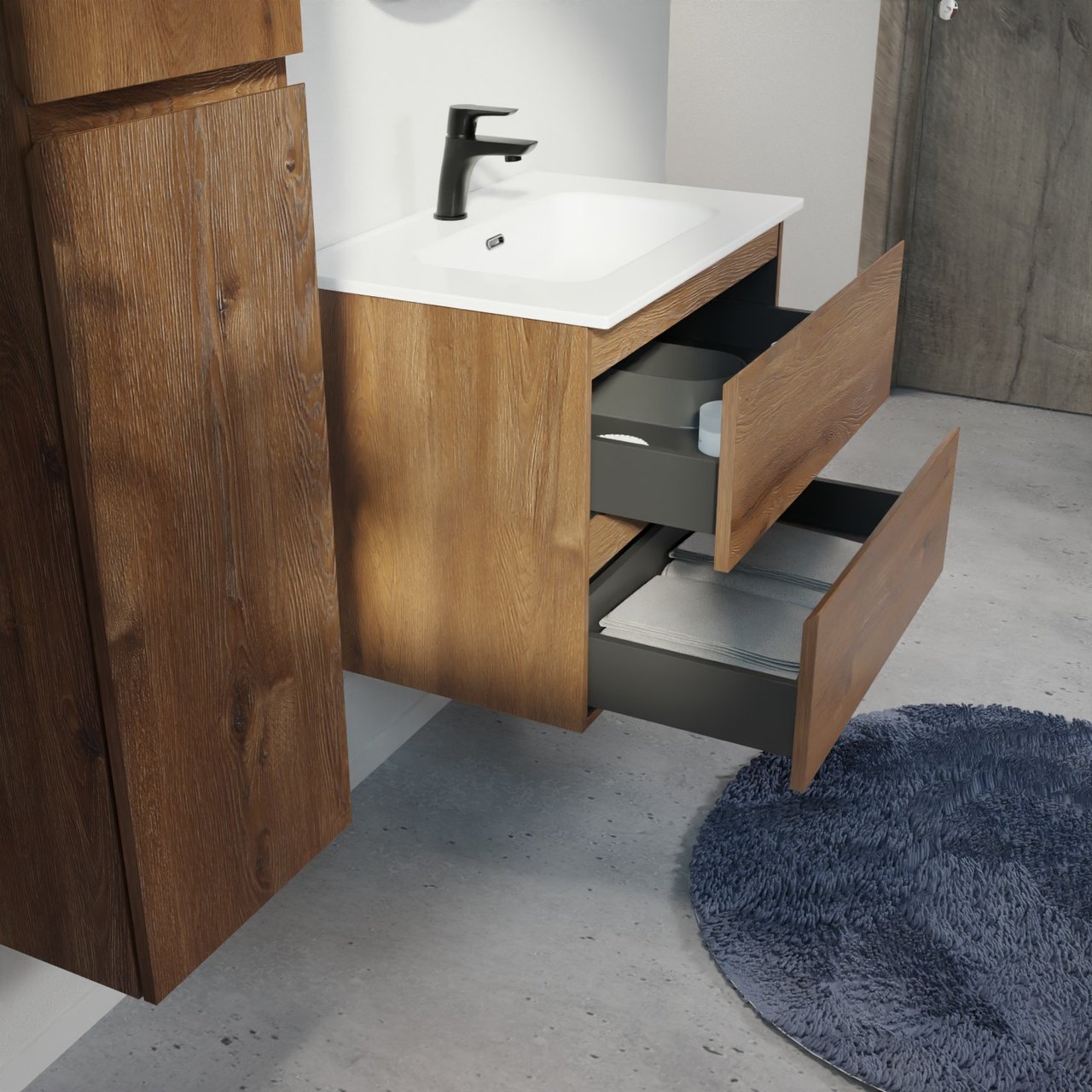 Linie Lado hängendes Möbelstück Set: 70 x 46 cm, Braune Eiche, mit Baro Einzelwaschtisch, Porzellan Weiß glänzend