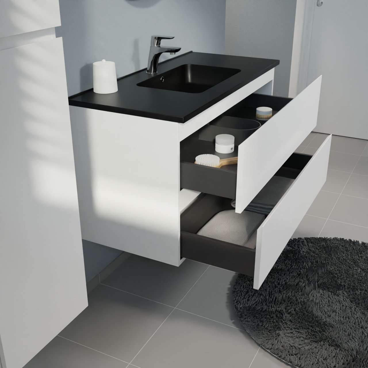 Linie Lado meuble salle de bains suspendu 100 x 46 cm blanc mat avec Vano plan simple en marbre composite noir mat