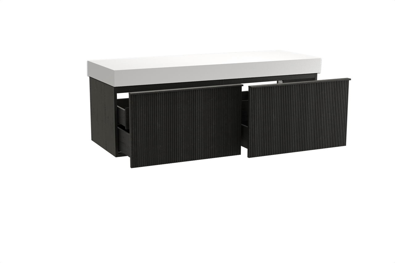 Balmani Forma zwevend badkamermeubel 150 x 55 cm zwarte eik met Dominus enkel of dubbel tablet in solid surface mat wit, Verticale symmetrische rechte ribbel