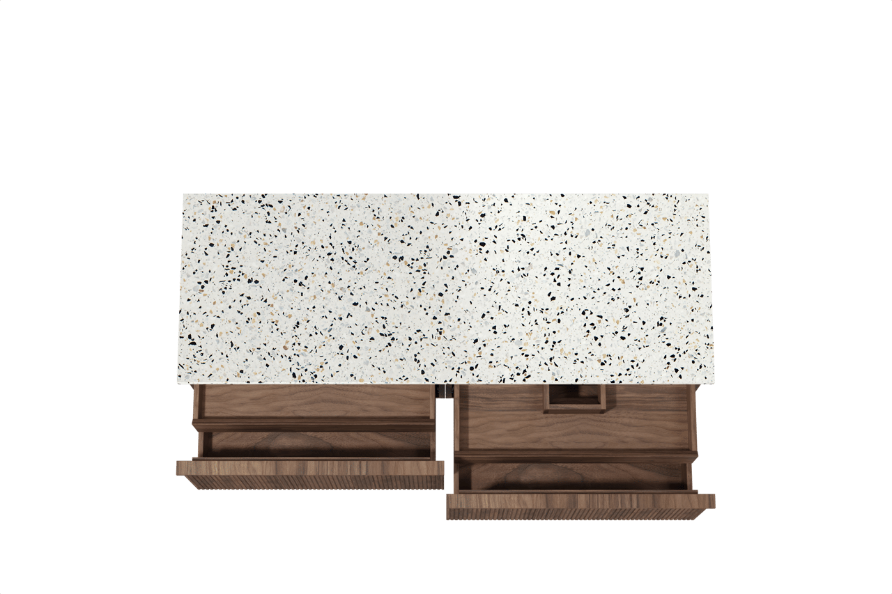 Balmani Forma zwevend badkamermeubel 150 x 55 cm amerikaanse notelaar met Stretto enkel of dubbel tablet in mat wit/zwart terrazzo, Verticale symmetrische rechte ribbel