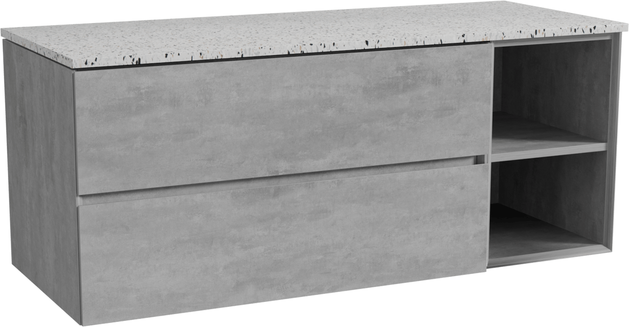 Storke Edge hängendes Möbelstück Set: 130 x 52 cm, Beton dunkelgrau, mit Tavola Einzel- oder Doppel Waschtischplatte, Terrazzo in Weiß/Schwarz matt